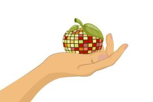 Illustration of a woman's hand tenderly holding an apple. Flat style design. Y2K. Vector illustration