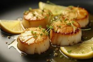 Closeup of pan seared diver scallops with lemon beurre blanc. Generative AI photo