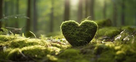 Closeup of wooden heart on moss. Natural burial grave in the woods. Generative AI photo