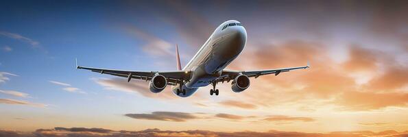 Commercial airplane flying above dramatic clouds during sunset. Generative AI photo