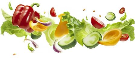 que cae verduras, ensalada de campana pimienta, tomate, y lechuga hojas. generativo ai foto