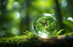 Butterfly and Crystal ball on a tree stump in the forest, natural green background. Generative AI photo