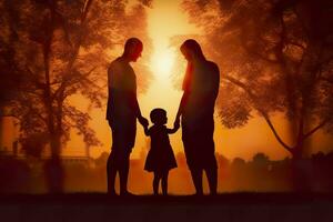 sombra de contento familia juntos, padres con su pequeño bebé a puesta de sol. un silueta de amor y unidad. ai generativo foto