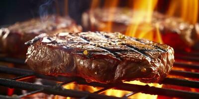 Beef ribeye steak grilling on a flaming grill. Generative AI photo