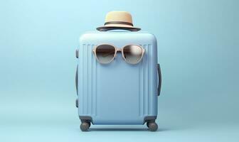 azul maleta con Gafas de sol en un pastel azul antecedentes. viaje concepto. generativo ai foto