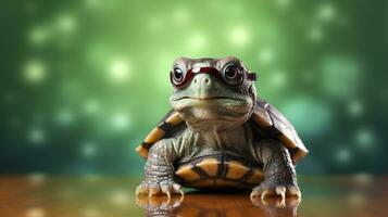 un linda pequeño verde Tortuga con anteojos, generar ai foto