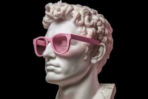 The head of a white mythological statue with fashionable pink glasses on his eyes, frame in profile. AI Generative photo