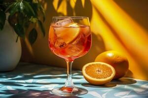 Aperol spritz summer drink in glass with shadows, tropical background. Generative AI photo