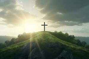 The cross of God with green Leaf, in the rays of the sun and blue sky. Cross on the hill with green trees and graeen natural view. Religious concept, AI Generative photo