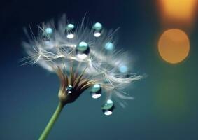 Beautiful dew drops on a dandelion seed macro. Beautiful blue background. Generative AI photo