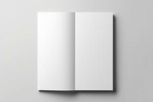 Blank opened book mockup, top view, isolated on white background. Generative AI photo