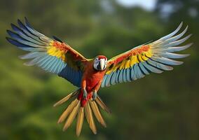 Flying macaw, beautiful bird. Generative AI photo