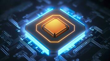 Top View of a Chip with Glowing Light and Fog in Orange and Blue. AI Generative photo