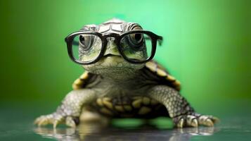 un linda pequeño verde Tortuga con anteojos, generar ai foto