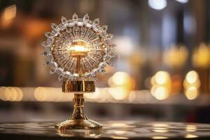 The golden monstrance with a little transparent crystal center, consecrated host. church defocused background. AI Generative photo