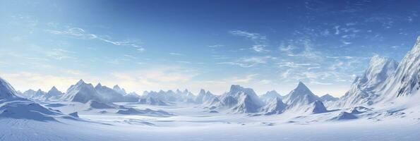 vast desolated snow land, big mountains in the background, snowfall with light blue sky and light blue colors, peaceful atmosphere,  AI Generative photo