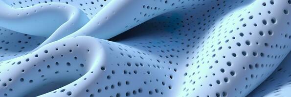 Breathable fabric dry light blue soft mesh holes floating light blue background. Generative AI photo