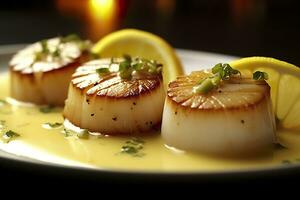 Closeup of pan seared diver scallops with lemon beurre blanc. Generative AI photo