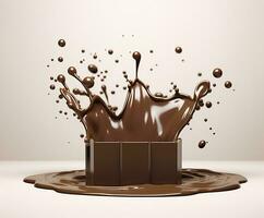 Chocolate splash with a podium, mockup background for milk product display, 3d. Generative AI photo