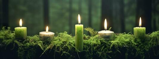 Burning candles on moss, dark green blurred the natural background. Magic candle. Generative AI photo