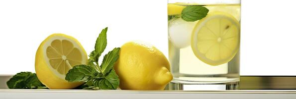 Lemonade in a glass with fresh lemons and mint. Cold summer drink with copy space. Generative AI photo