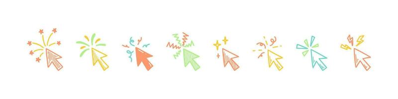 Holiday firework, sparkle and glitter arrow pointers. Doodle click cursor. Merry Christmas and happy new year design element. Festive sketch vector illustration