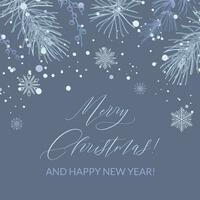 Merry Christmas and Happy New year blue square greeting card. Social media post template. Hand drawn sinter festive background with sketch botany elements. Engraving vector illustration