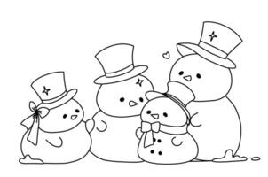 Cute funny family of snowmen. Coloring page for children.Merry Christmas coloring book vector