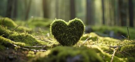 Closeup of wooden heart on moss. Natural burial grave in the woods. Generative AI photo