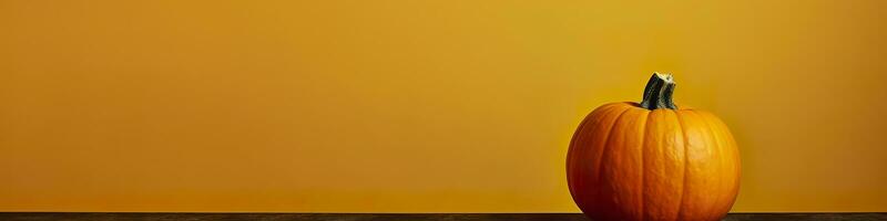 A pumpkin against a yellow background. Generative AI photo