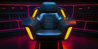 80s Inspired Captain Chair from Star Trek with Neon Lights and Cockpit Interior Background. AI Generative photo