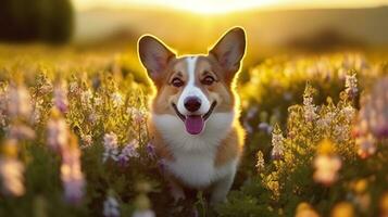 Charming corgi dog with flowers in the spring. Generative AI photo