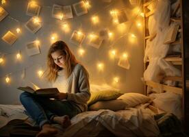 A girl reading a book in a log cabin with lights in the background. photo