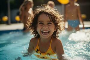 niña jugando en un agua piscina con trajes de baño foto