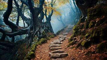 encantador viaje mediante un misterioso bosque en un brumoso otoño Mañana foto