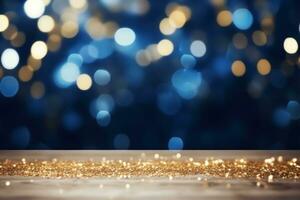 Celebrate the New Year with a Blue and Gold Abstract Bokeh Background with copy space photo
