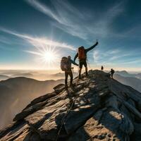 Breathtaking photo of adventurous hikers reaching the summit of a mountain peak