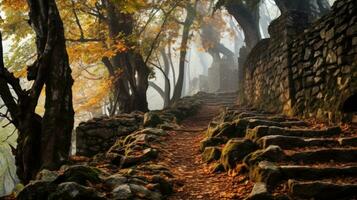 encantador viaje mediante un misterioso bosque en un brumoso otoño Mañana foto