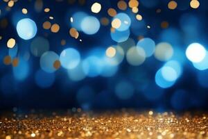 Celebrate the New Year with a Blue and Gold Abstract Bokeh Background with copy space photo