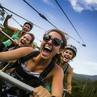 Exhilarating photo of a group of friends soaring through the air on a zip line