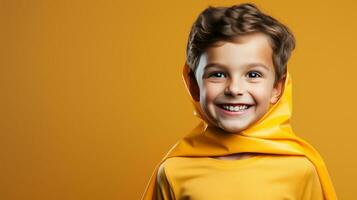 A young boy wearing a superhero costume stands in a triumphant pose photo