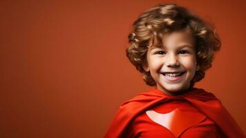 A young boy wearing a superhero costume stands in a triumphant pose photo