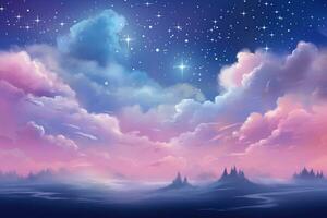Blue and pink cloudy sky with white stars photo