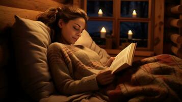 A woman is enjoying a peaceful moment reading a book while lying on a comfortable bed in a cozy log cabin during winter photo