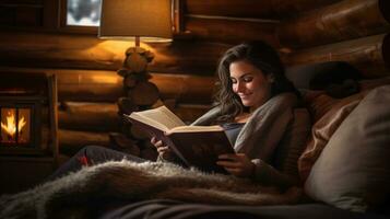 A woman is enjoying a peaceful moment reading a book while lying on a comfortable bed in a cozy log cabin during winter photo