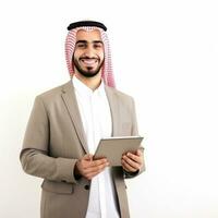 Smiling Young Middle Eastern Man With Digital Tablet In Hands isolated photo