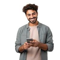 sonriente joven medio oriental hombre con digital tableta en manos aislado foto