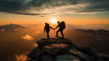 Breathtaking photo of adventurous hikers reaching the summit of a mountain peak