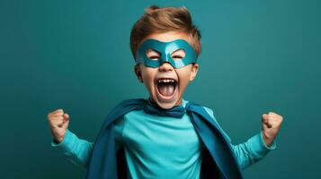 A young boy wearing a superhero costume stands in a triumphant pose photo