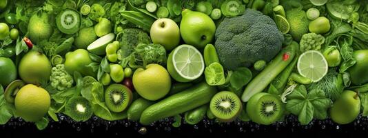 Banner layout of green fruits and vegetables. Generative AI. photo